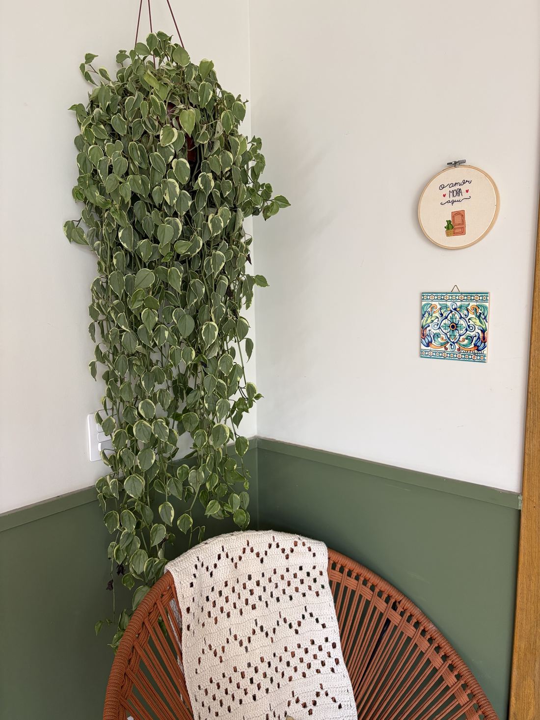 Canto da casa com planta pendurada, poltrona de fios com manta de crochê e parede verde até meia altura.